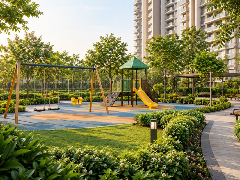 Kids play area with swings and slide