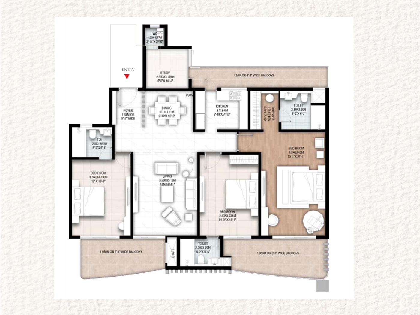 3 BHK + Study + 4T floor plan, 2746 sq.ft