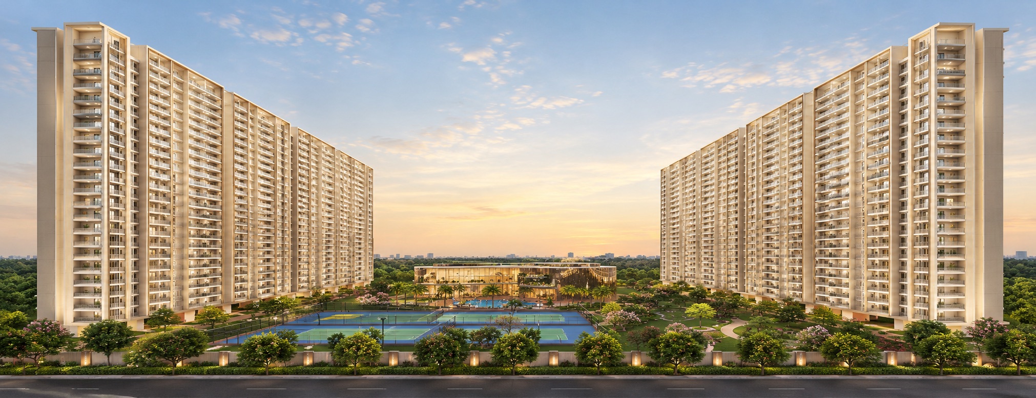 Towers framing landscaped courtyard
