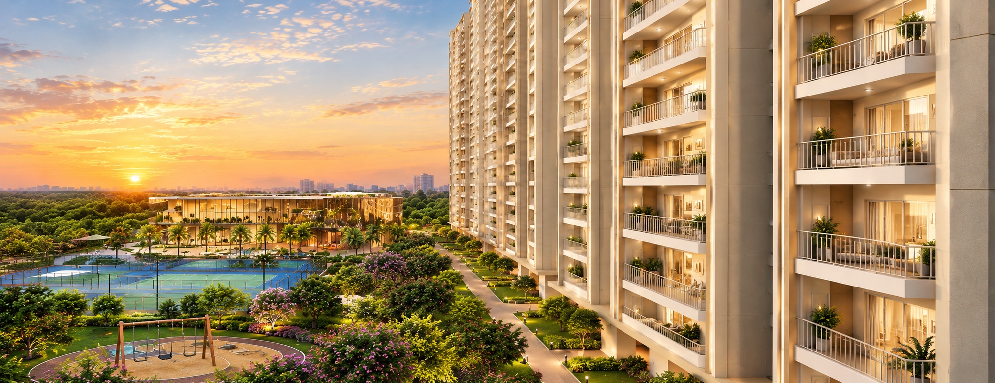 Towers and landscaped greens at sunset