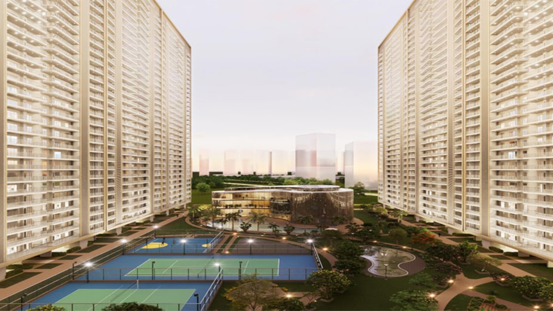 Towers with sports courts and greens